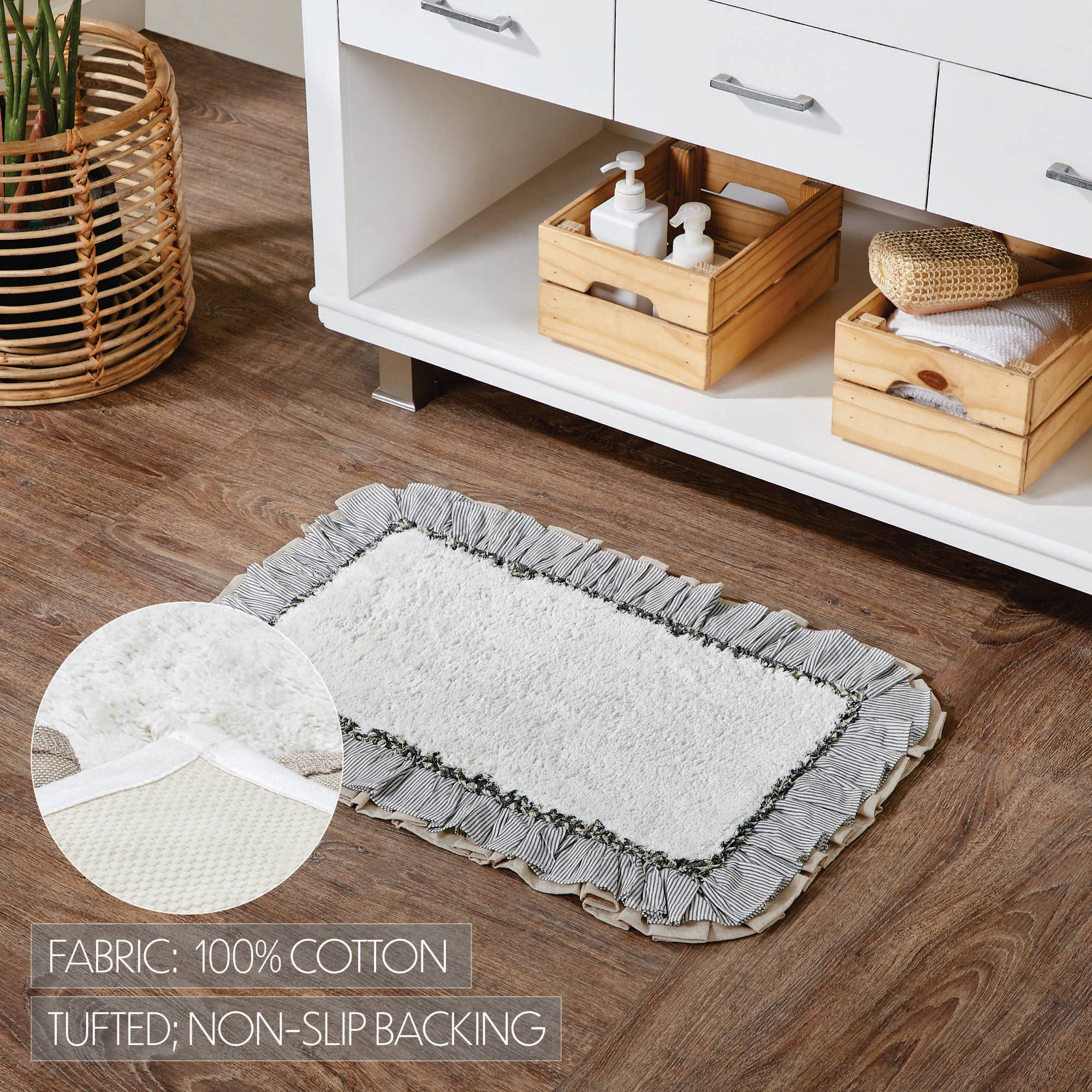 Ashmont Farmhouse Bath Mat-Cream with Blue Stripe & Burlap Ruffles、mySite、g9winljtr