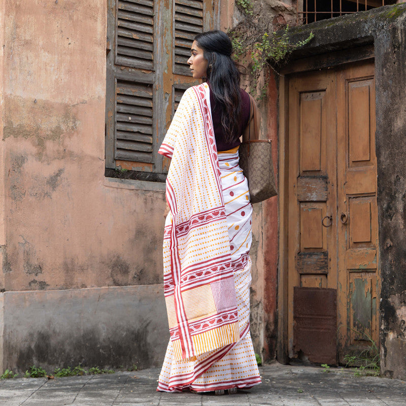 Cotton Saree | Hand Block Print | White & Yellow、mySite、camillekostekn