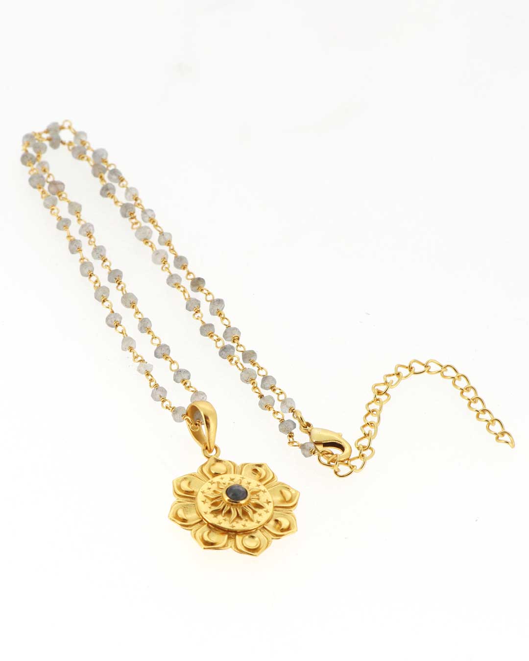 Gold-Plated Lotus Mandala Necklace with Moon Phases and Labradorite Gemstone – Celestial Design with Symbolic Sun, Stars & Lunar Petals、mySite、topwebapps