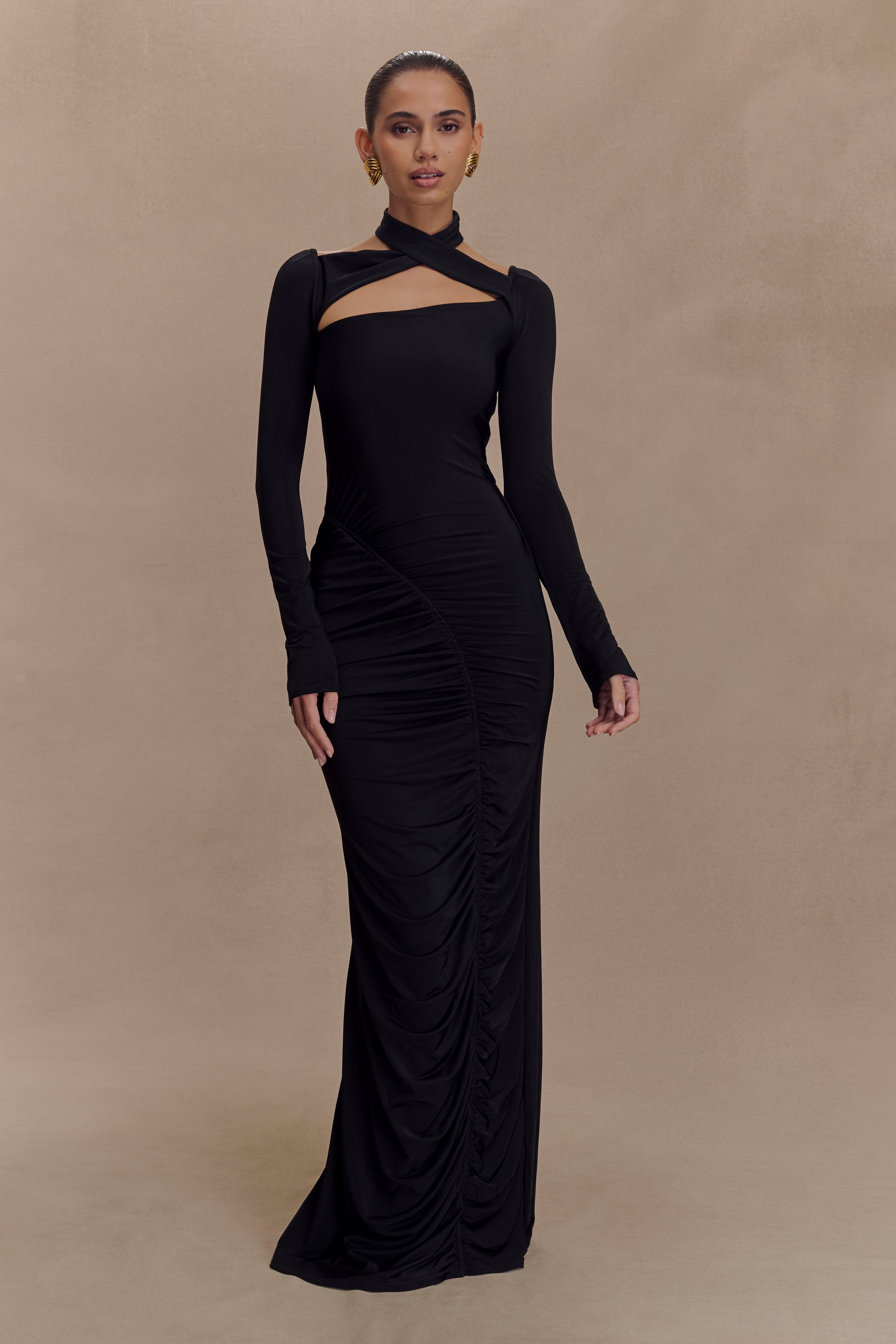 Lyndon Long Sleeve Slinky Maxi Dress - Black、mySite、solidvoid