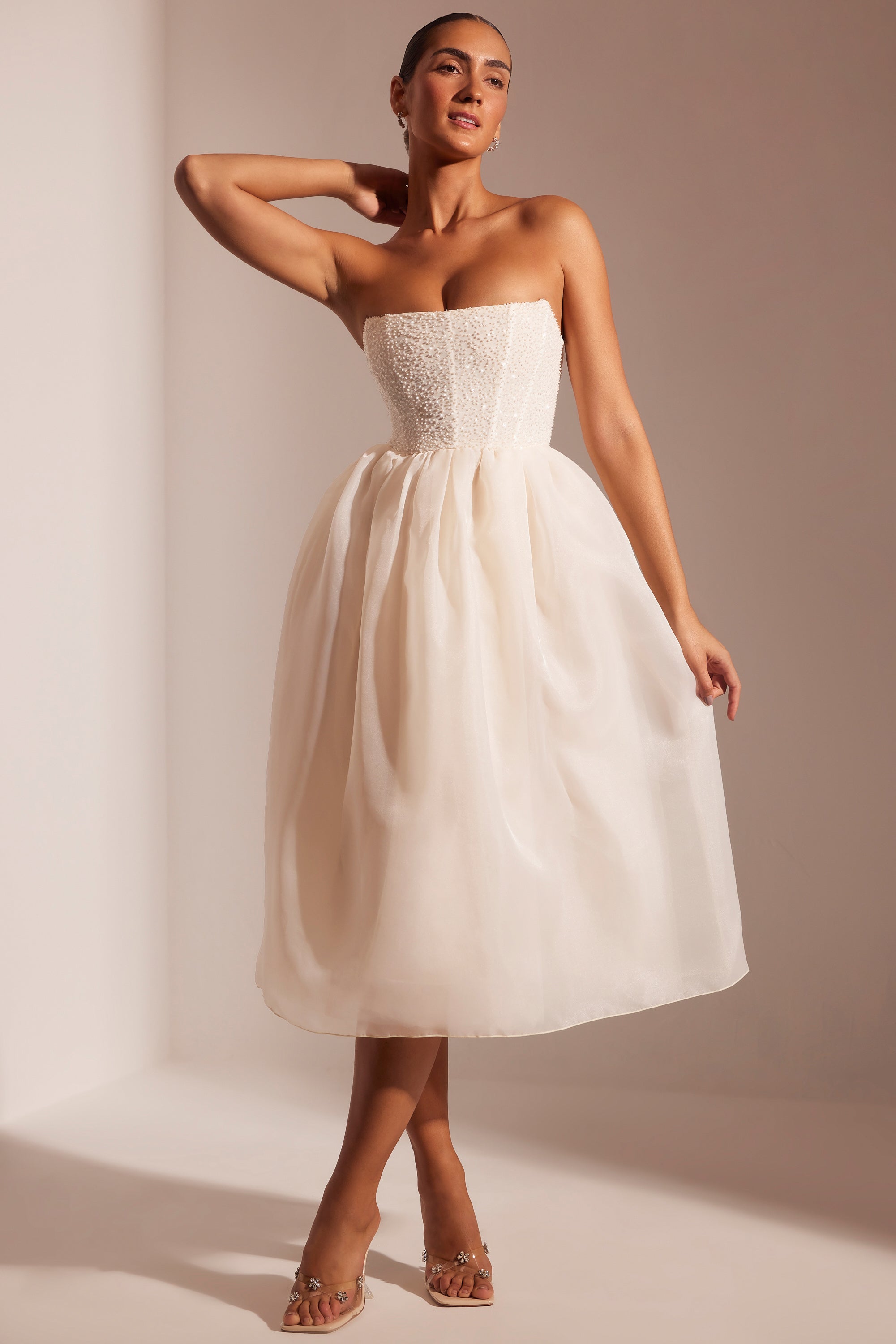 Embellished Corset Tulle Skirt Midi Dress in Ivory、mySite、solidvoid