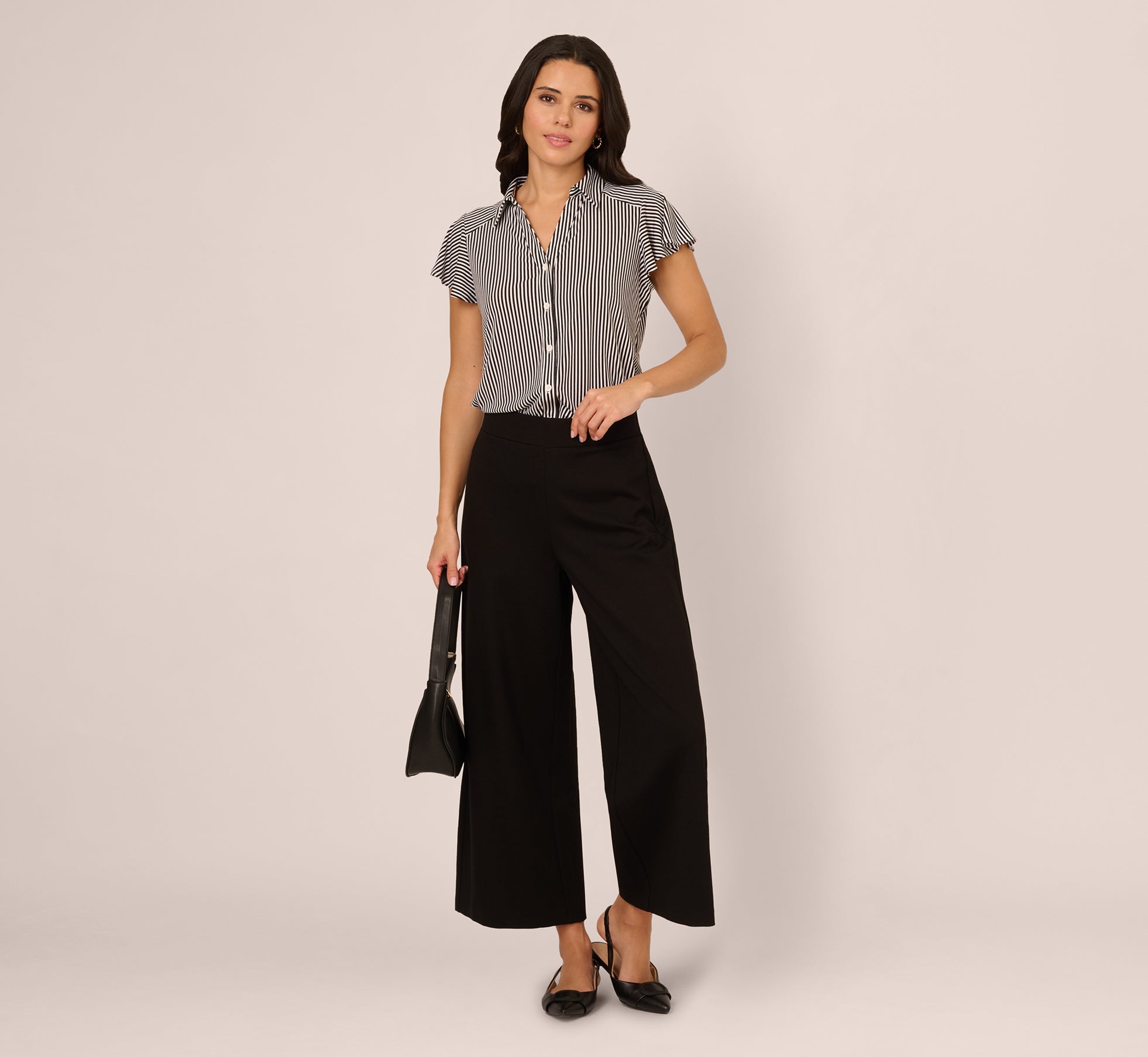 Flutter Sleeve Button Front Printed Top In Black Ivory Small Stripe、mySite、solidvoid