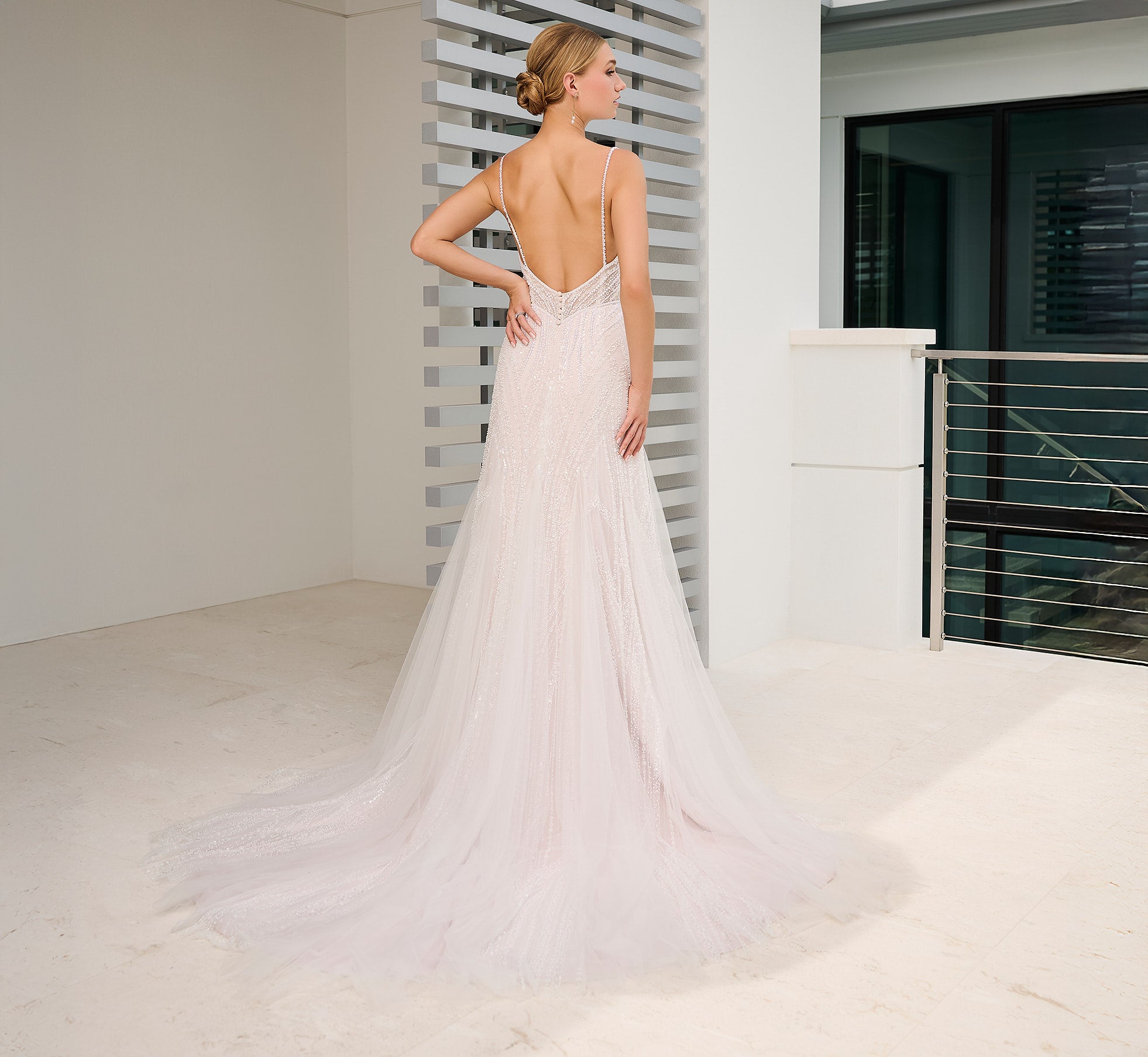 Micro Beaded Lace Slim Gown in Ivory French Lilac、mySite、solidvoid