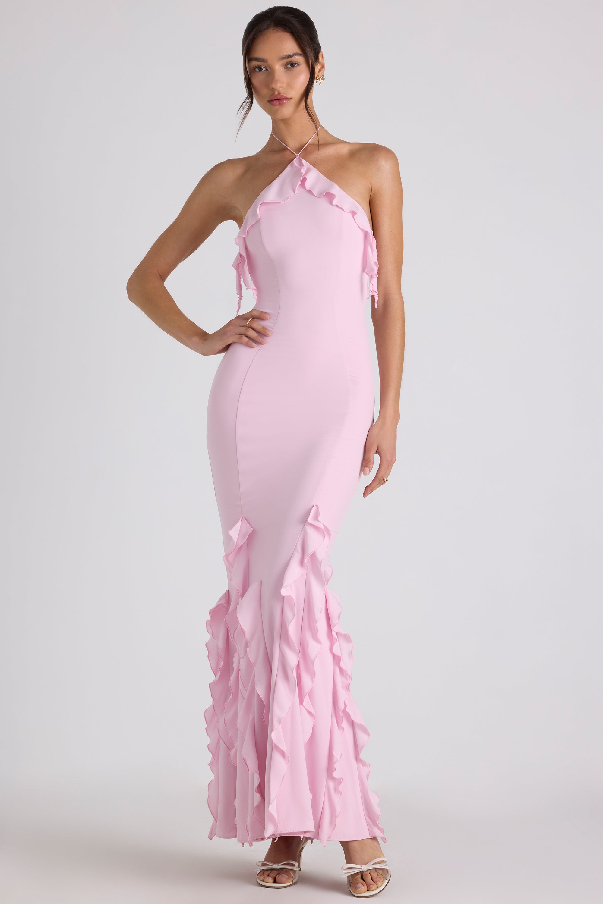 Ruffle-Trim Halterneck Gown in Soft Pink、mySite、solidvoid