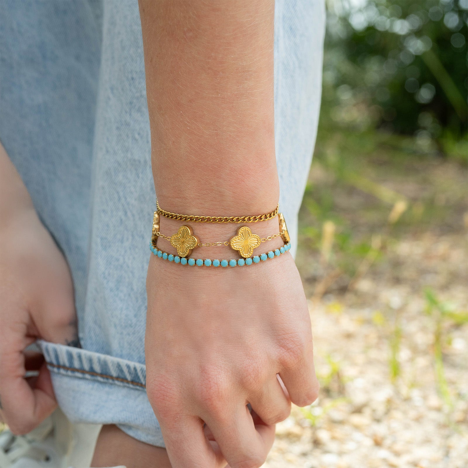 18K Gold PVD Stainless Steel Turquoise Rhinestone Tennis Chain Bracelet / TBR0006、mySite、dreamappss