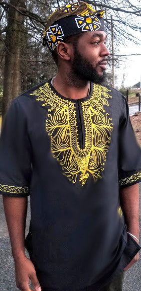 Black and Yellow African Embroidered Dashiki Shirt-DP3781Y、mySite、solidvoid