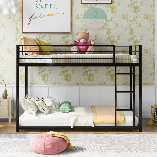 Full over Full Metal Bunk Bed, Low Bunk Bed with Ladder, Black(Old SKU:MF197034AAB)、、casual