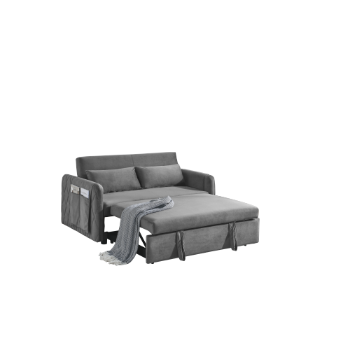 55" Modern Convertible Sofa Bed with 2 Detachable Arm Pockets, Velvet Loveseat Sofa with Pull Out Bed, 2 Pillows and Living Room Adjustable Backrest, Grid Design Armrests、、casual