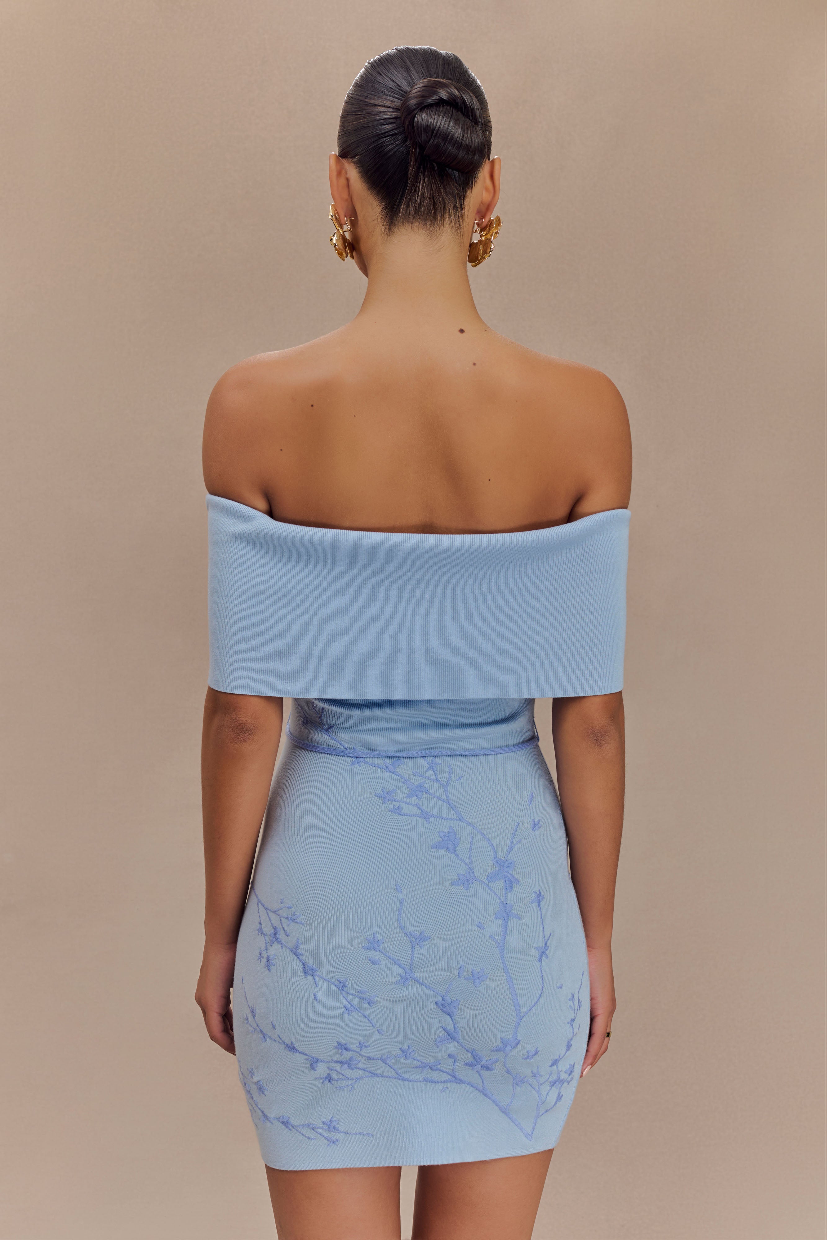 Mallory Off Shoulder Embroidered Knit Mini Dress - Ice Blue、mySite、solidvoid