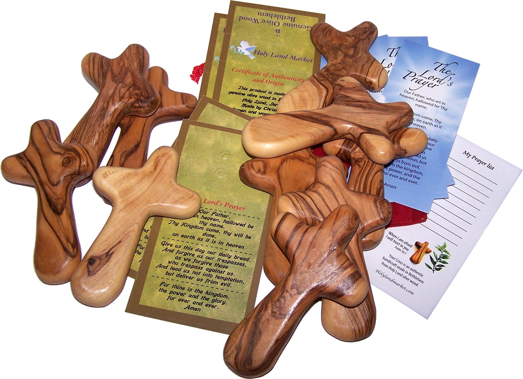 Ten Olive Wood Comfort Crosses with Velvet Bags & Lord's Prayer Card - The Holding or Hand Cross (4 inches) - Large、mySite、elrpsem3k
