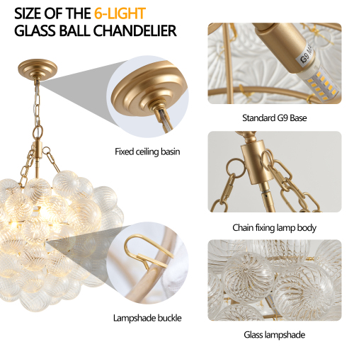 23.6-Inch Gold Pendant Light Chandelier with Threaded Clear Glass Globe Shade – Adjustable Height, Ideal for Living Room, Dining Room, Kitchen (No Bulbs)、、eastwooduniform