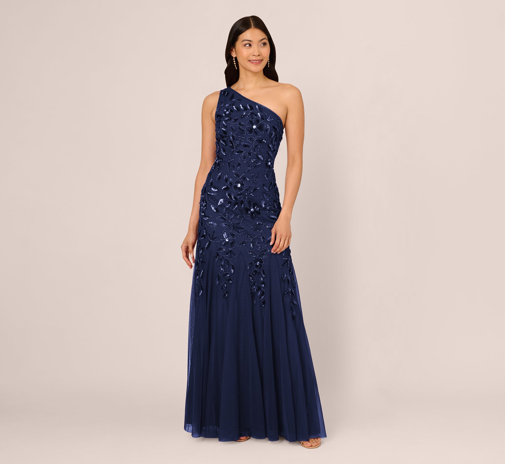 Floral Beaded One Shoulder Mermaid Gown With Godet Skirt In Light Navy、mySite、solidvoid