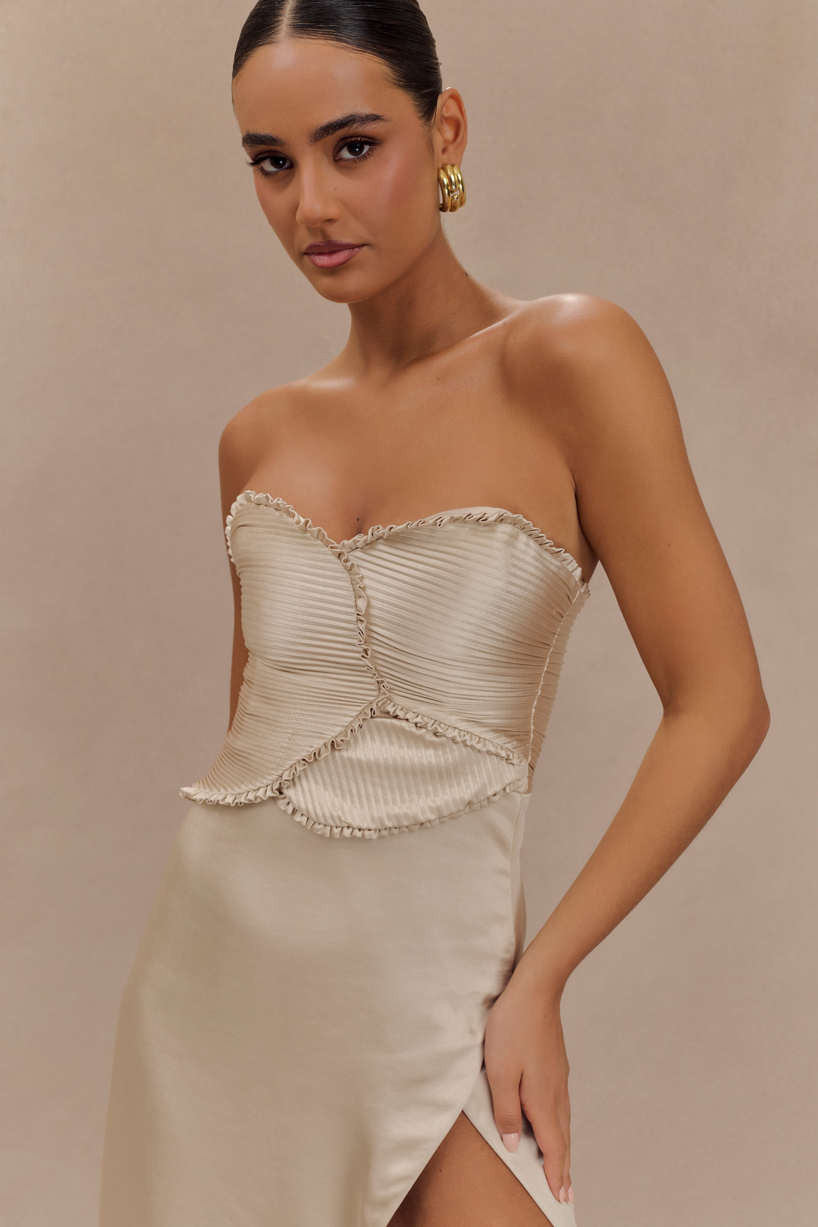 Larissa Satin Maxi Dress With Ruched Petals - Blush Gold、mySite、solidvoid