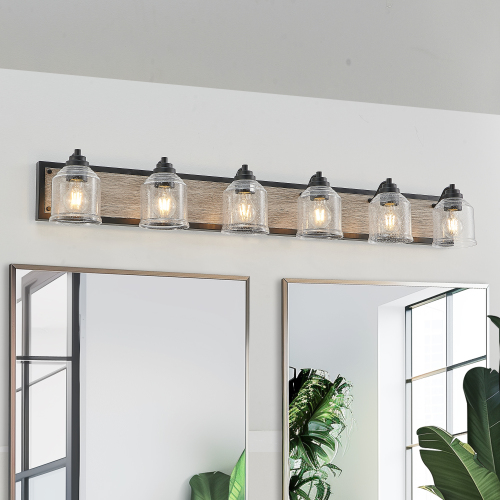 40&quot; Farmhouse Vanity Light Fixture, 5-Light Bathroom Wall Sconce with Clear Seeded Glass Shades, Black and Wood Grain Finish, Modern Industrial Design for Bathroom or Powder Room (No Bulbs)、、eastwooduniform