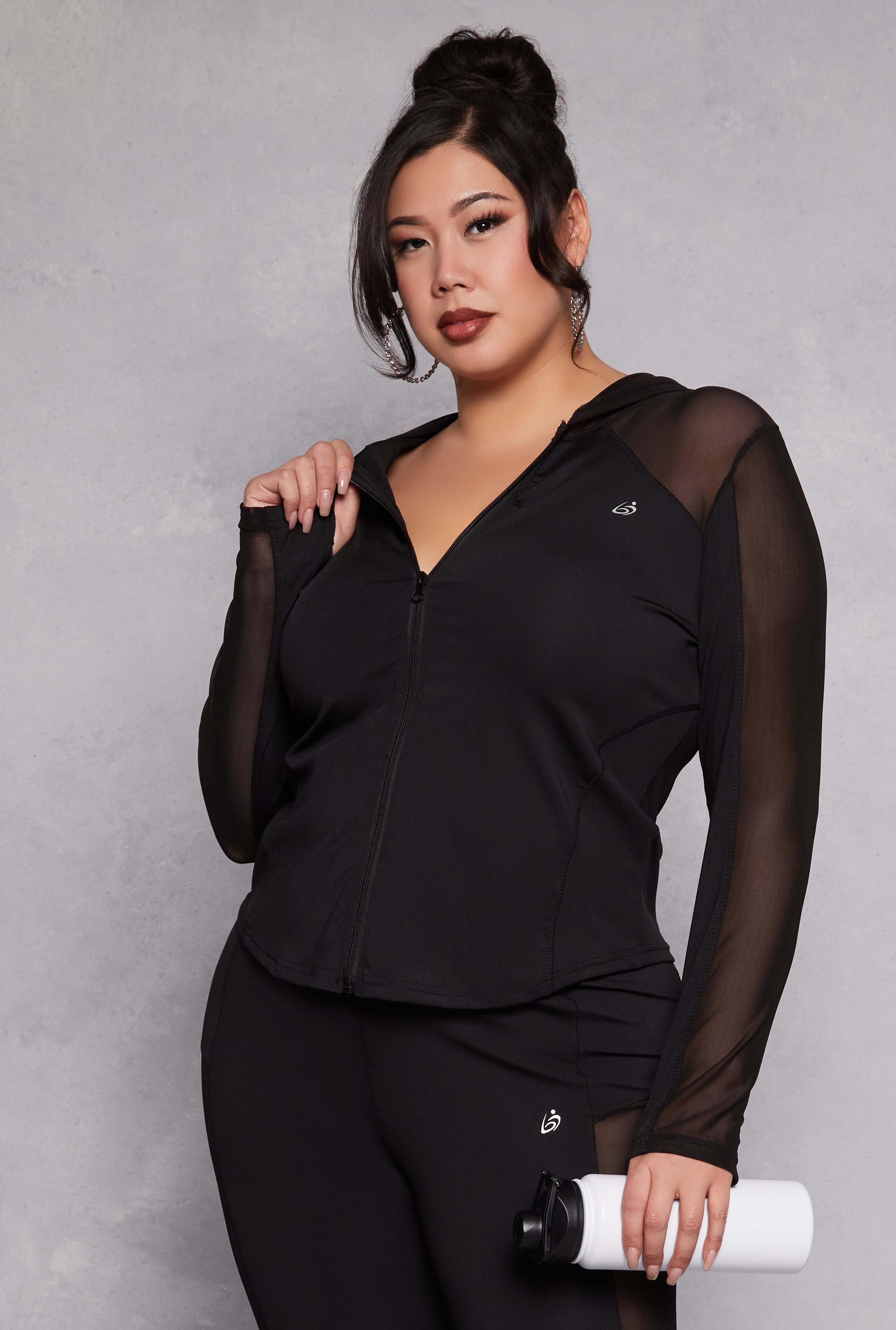 Plus Size Mesh Insert Hooded Active Top、mySite、camillekostekn