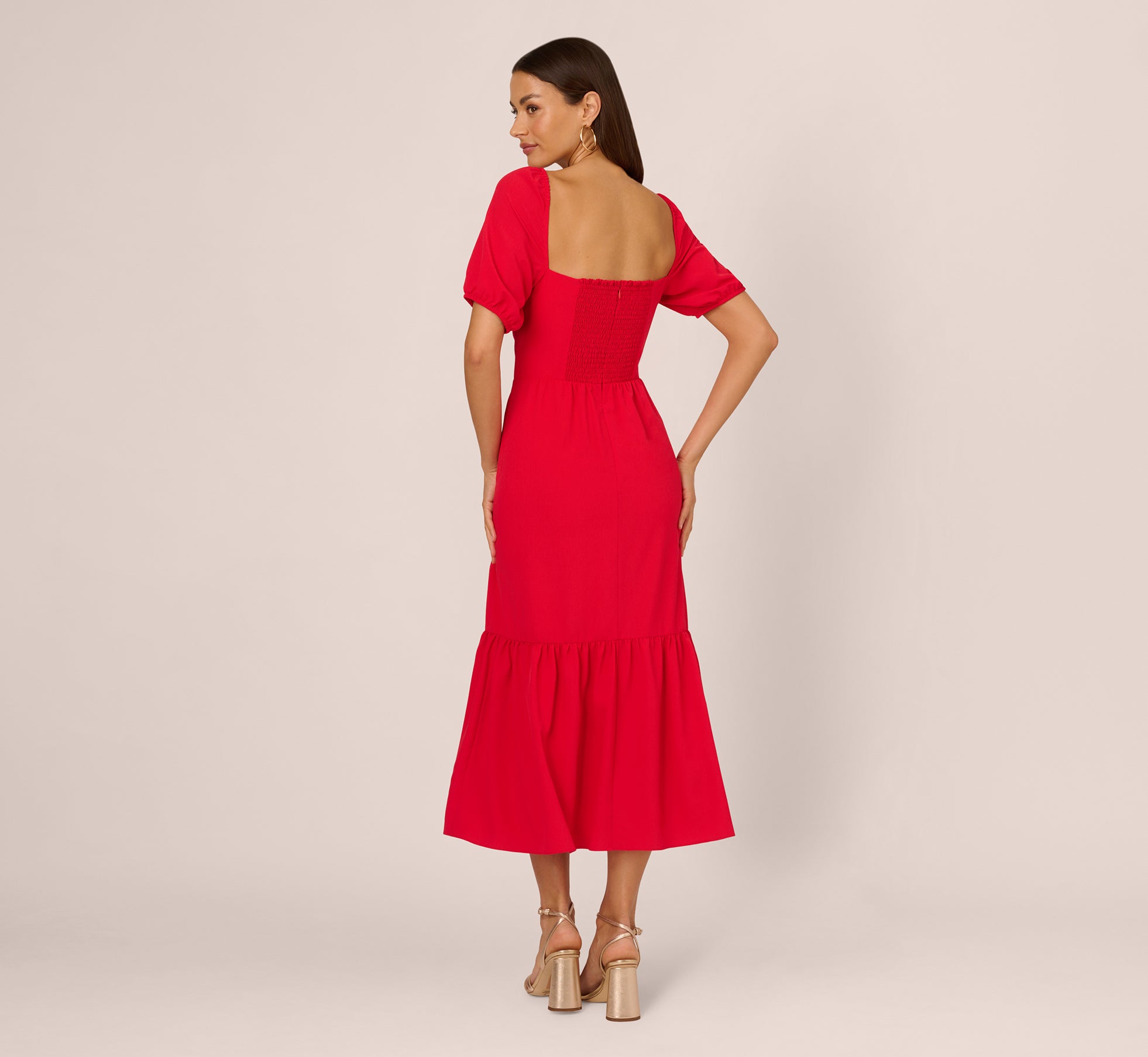 Puff Sleeve Midi Dress With Flounce Hem In Scarlet、mySite、solidvoid