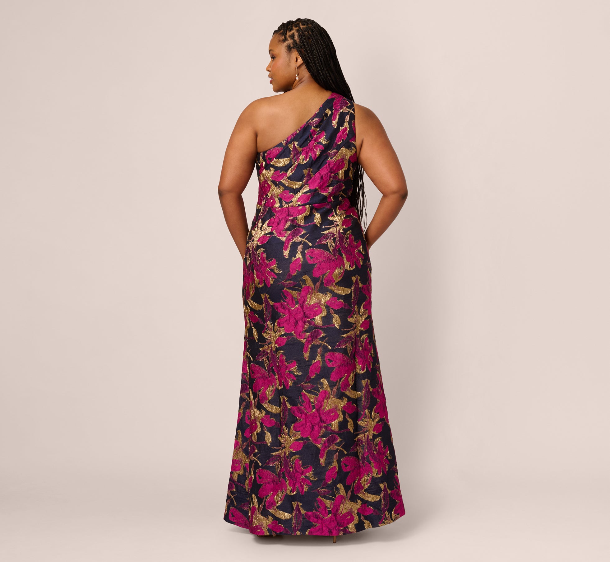 Plus Size One Shoulder Jacquard Dress In Navy Pink、mySite、solidvoid