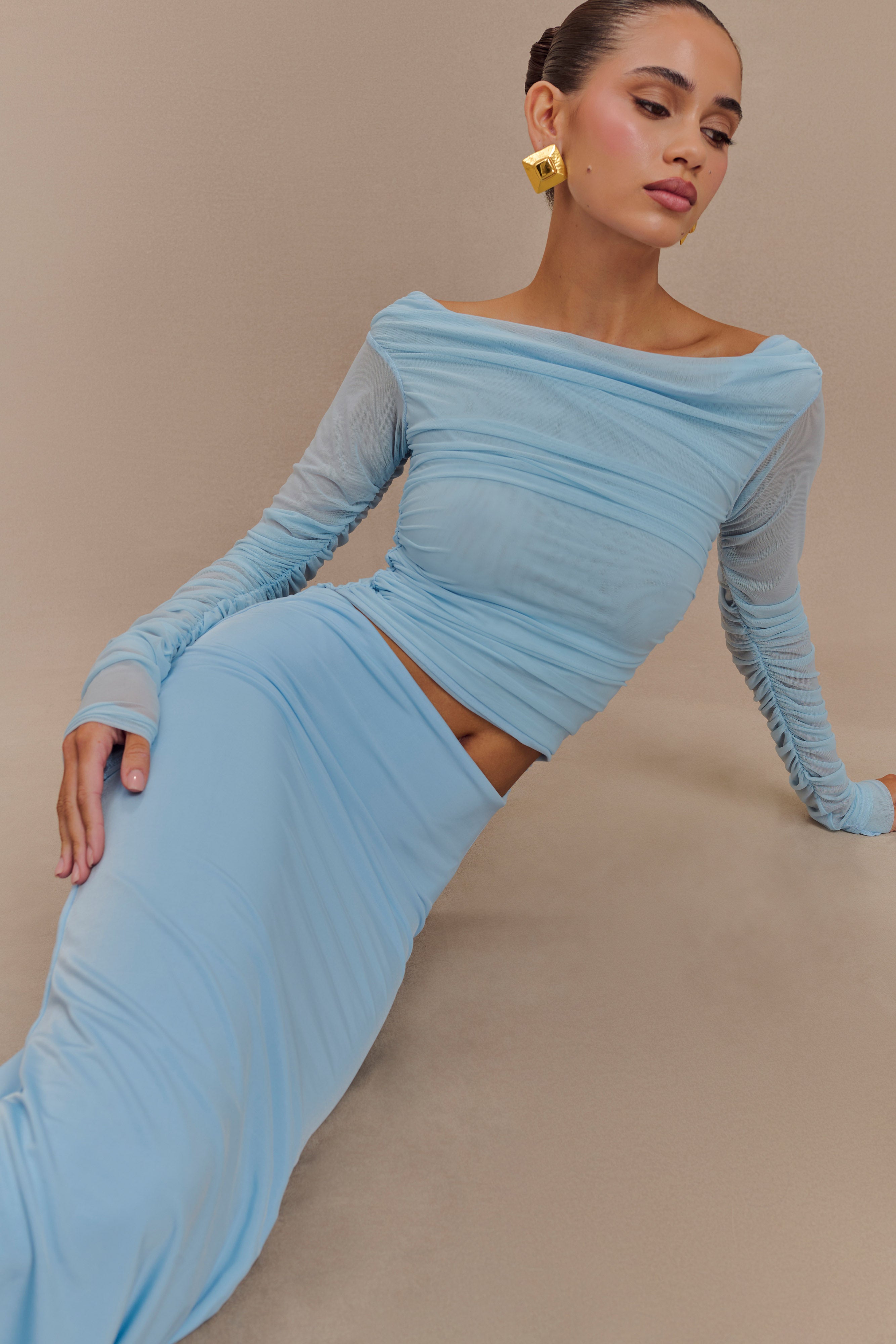 Darla Mesh And Slinky Off Shoulder Maxi Dress - Sky Blue、mySite、solidvoid