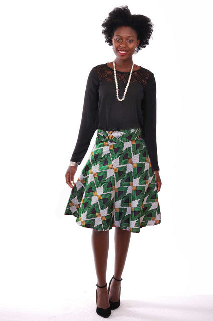 Green African Print high waist A-Line Skirt-DP3800DS、mySite、solidvoid