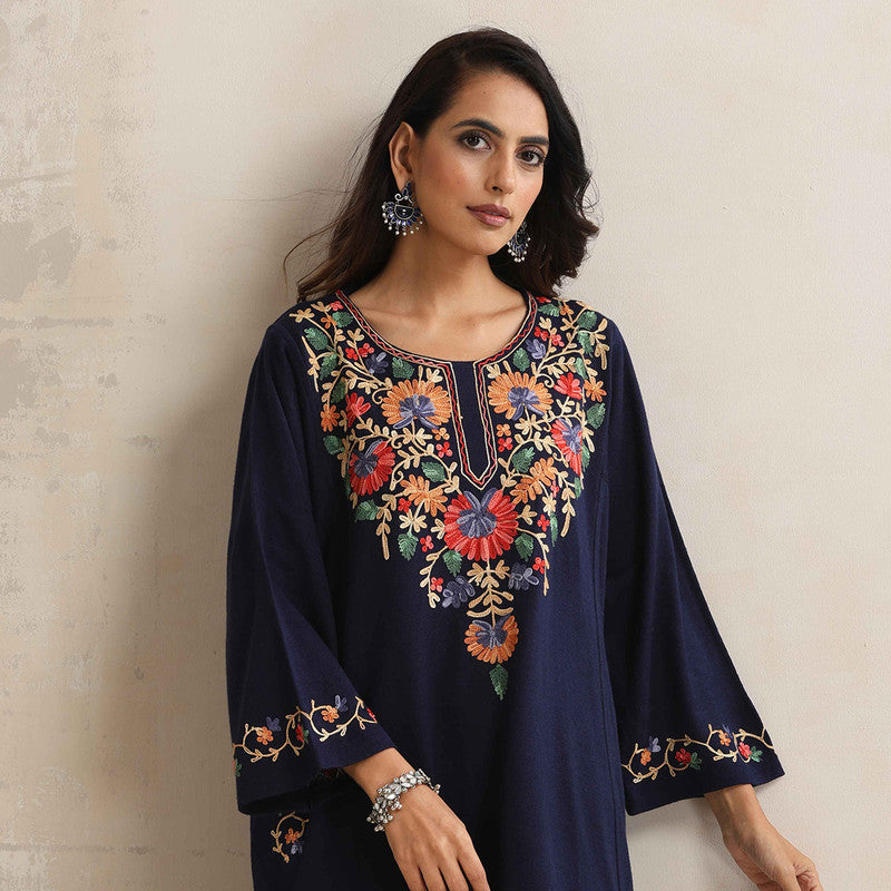 Woolen Kurta For Women | Floral Embroidered | Blue、mySite、camillekostekn
