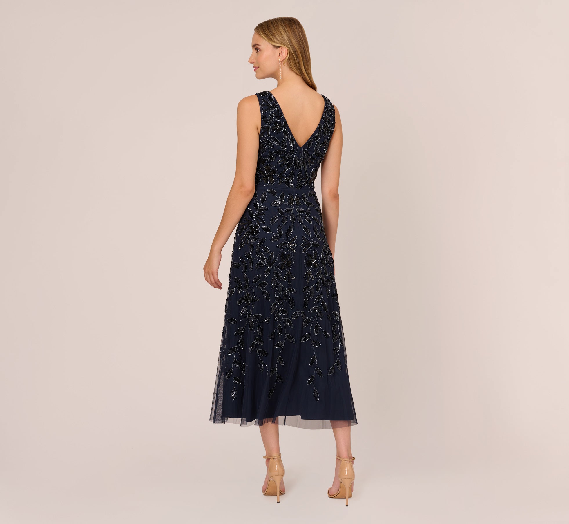 Floral Beaded Ankle Length Sleeveless Gown In Navy、mySite、solidvoid