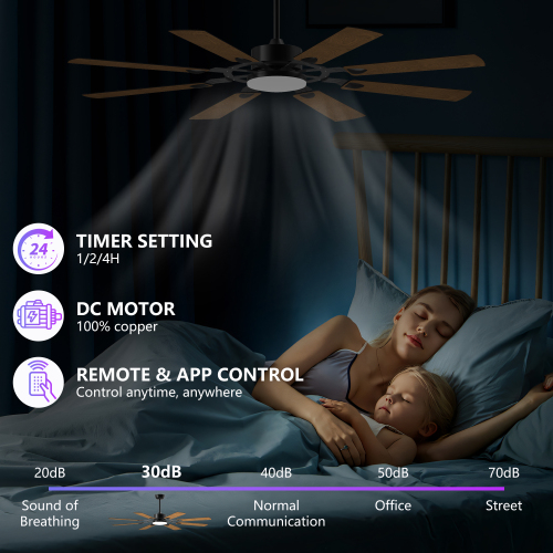 52 Inch Ceiling Fan with Lights and Remote Control, 8 Plywood Blades, 6-Speed Noiseless Reversible DC Motor, 3CCT, Windmill Ceiling fan for Kitchen Bedroom Living Room, Black、、eastwooduniform