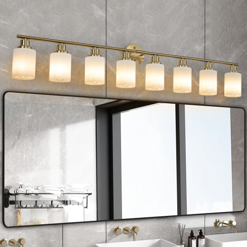 31" Modern 5-Light Vanity Wall Sconce, Golden Finish with Frosted Glass Shades for Bathroom or Hallway Lighting (No Bulbs)、、eastwooduniform