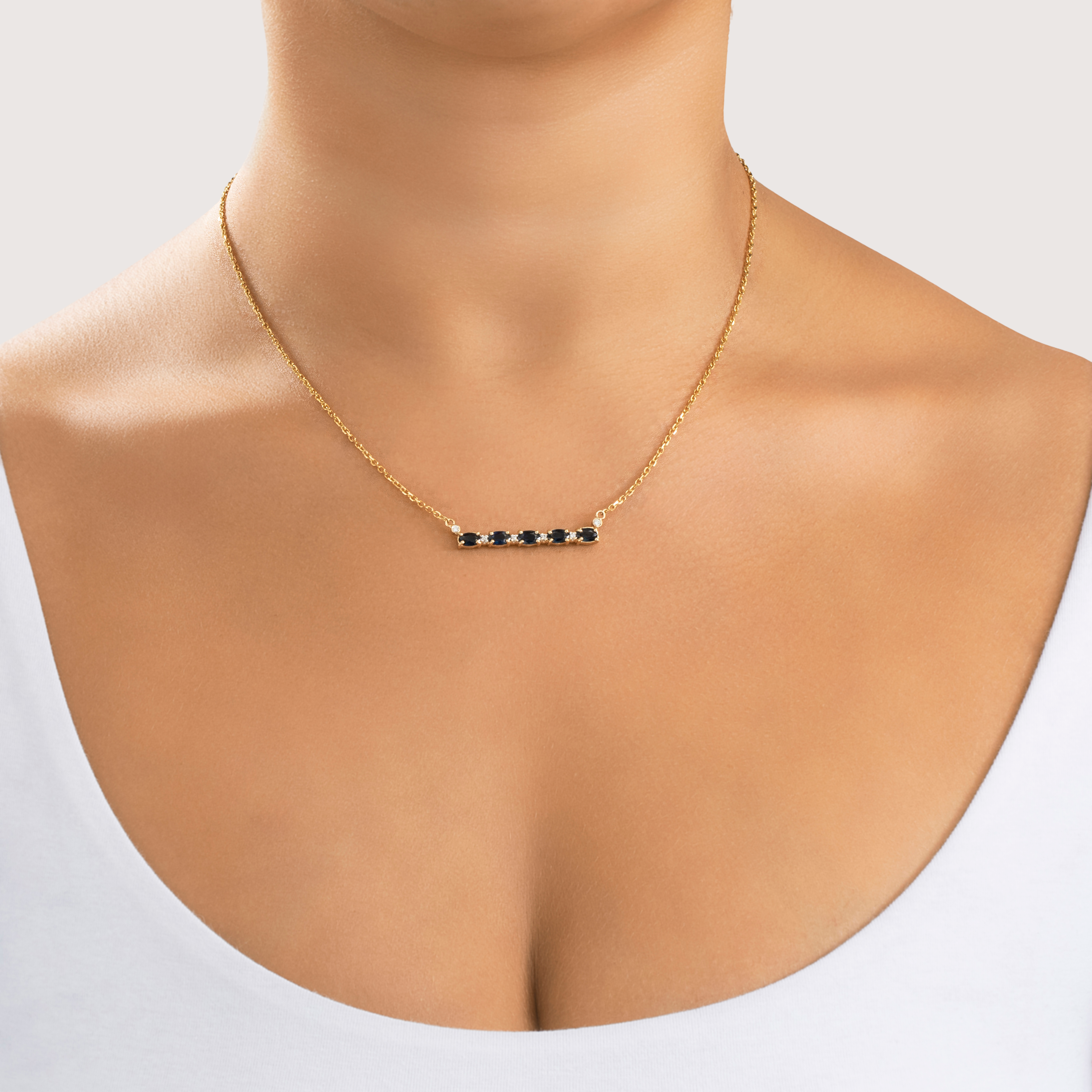 Vintage 14k Yellow Gold 1.3cttw Blue Sapphire Diamond Bar Necklace 17.5、mySite、hinf8tx79