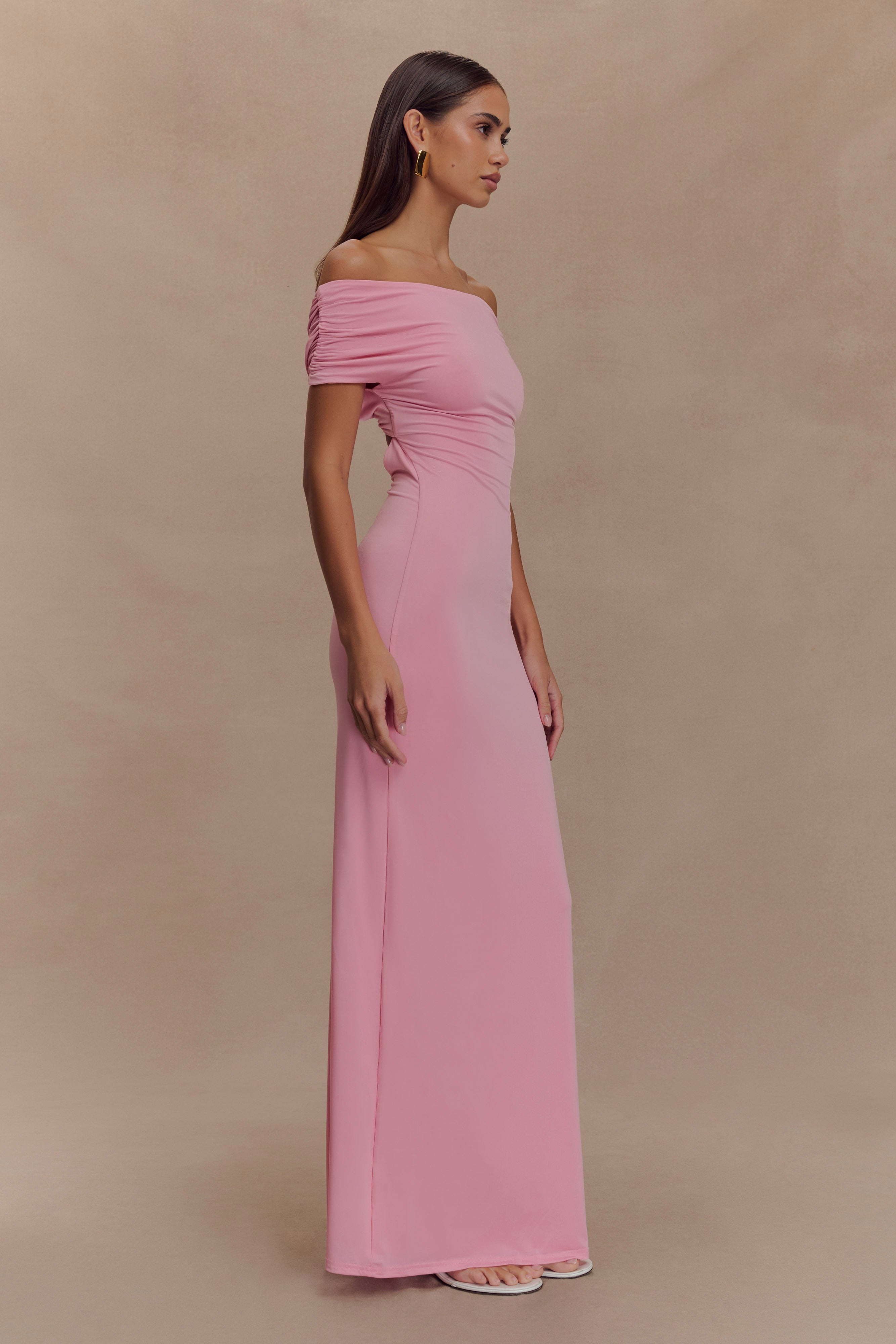Imogen Off Shoulder Slinky Maxi Dress - Candy Pink、mySite、solidvoid