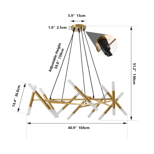 41" Black & Golden Modern Chandelier Light Fixture, Branch Design with Frosted Tubes, Black Cords, Adjustable Height Pendant Light for Dining Room, Living Room, or Kitchen Island (Bulb Not Included)、、eastwooduniform