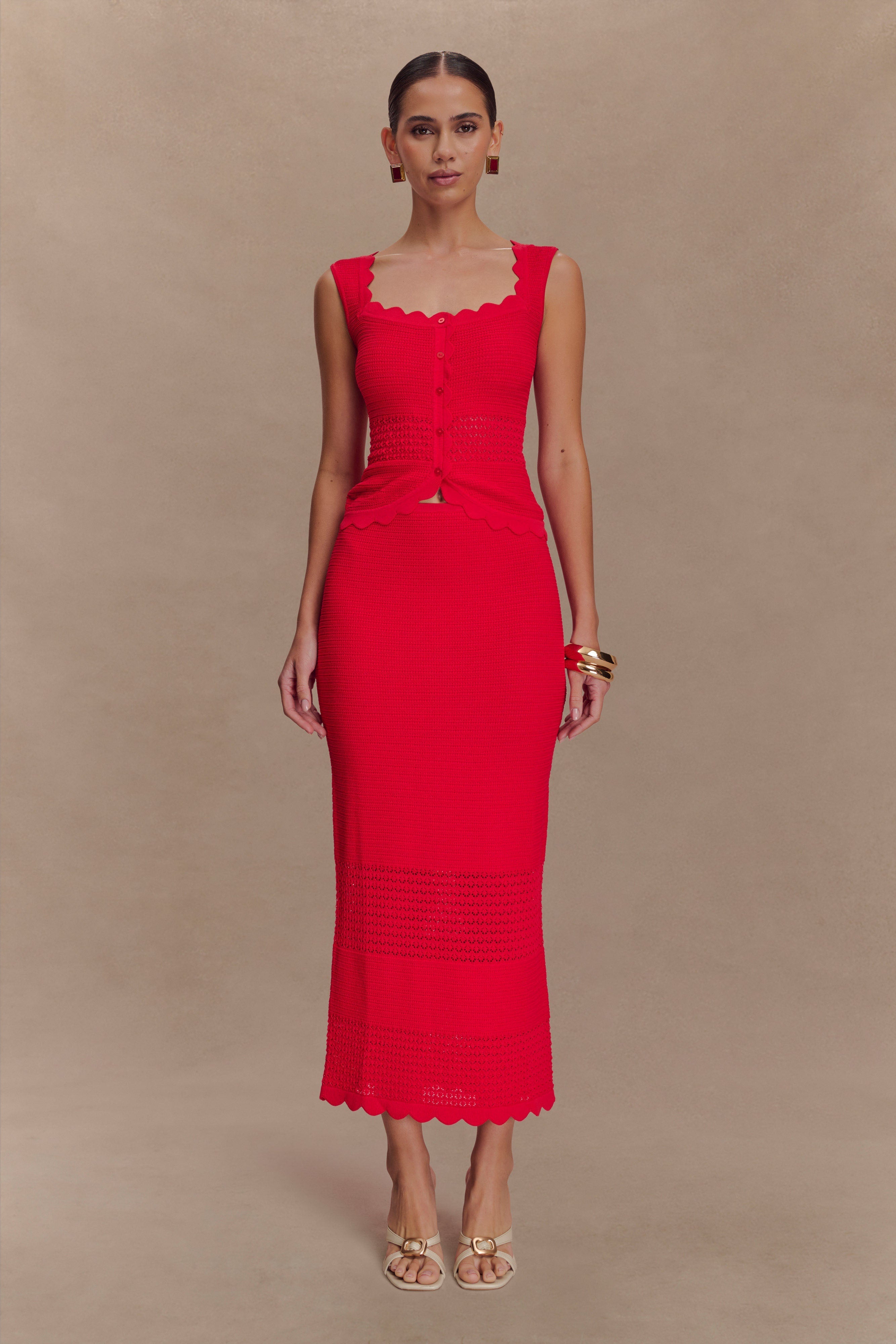 Madeline Scallop Knit Midi Skirt - Red、mySite、solidvoid