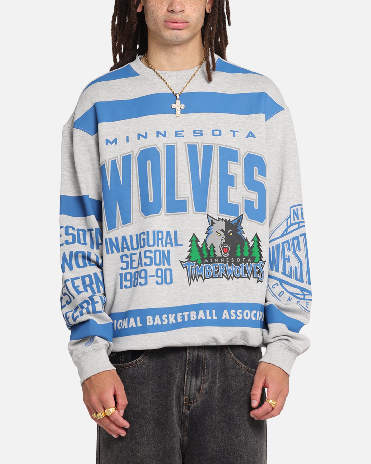 Mitchell & Ness Minnesota Timberwolves Letterform Crewneck Grey Marle/Official Team Color、mySite、zt4zffjzw