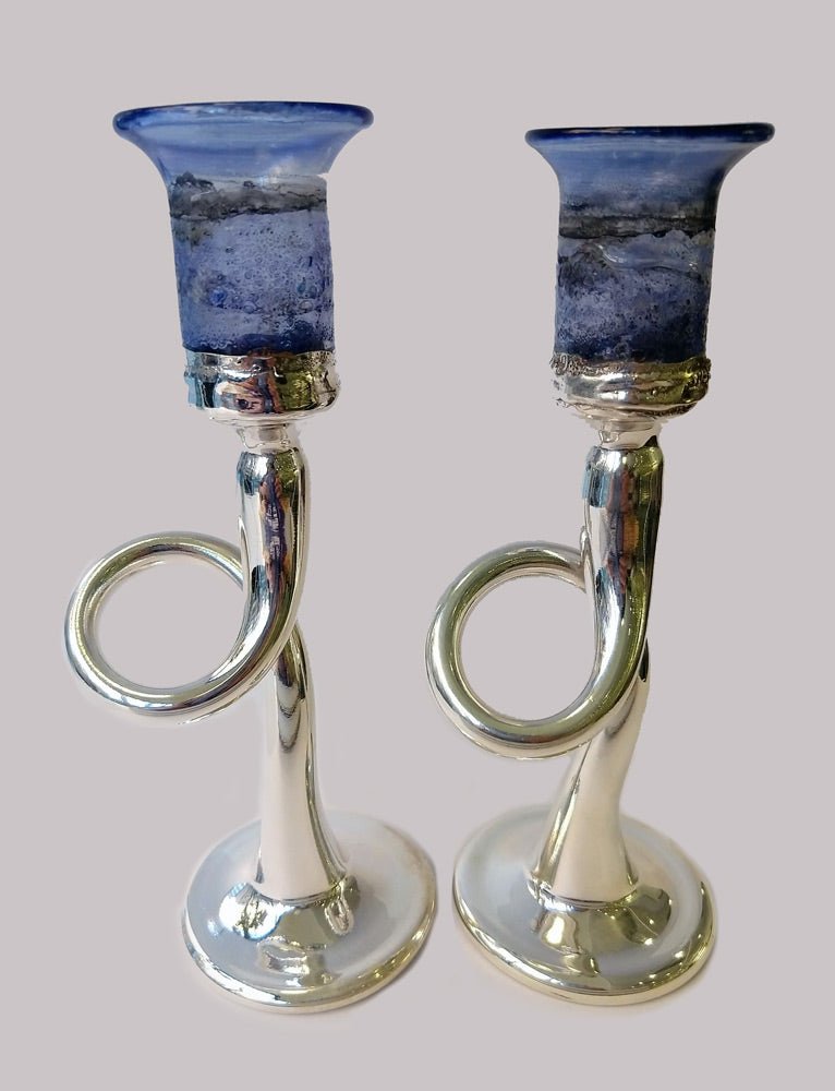  Blue Glass and Sterling Silver Plated Loop Shabbat Candle Holders、mySite、elrpsem3k