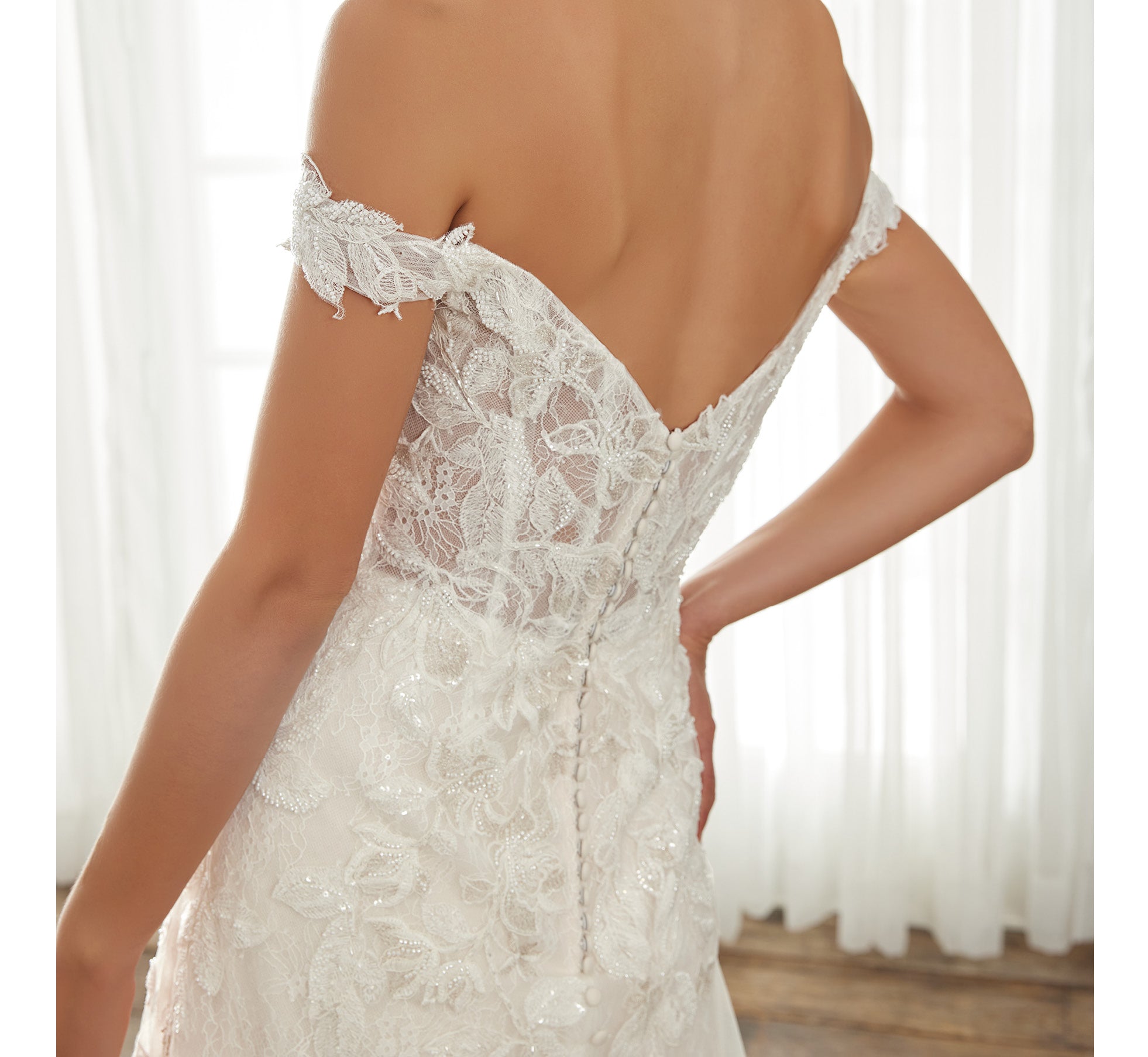 Hand-Sequined Lace Off-The-Shoulder Gown In Ivory Almond Nude、mySite、solidvoid