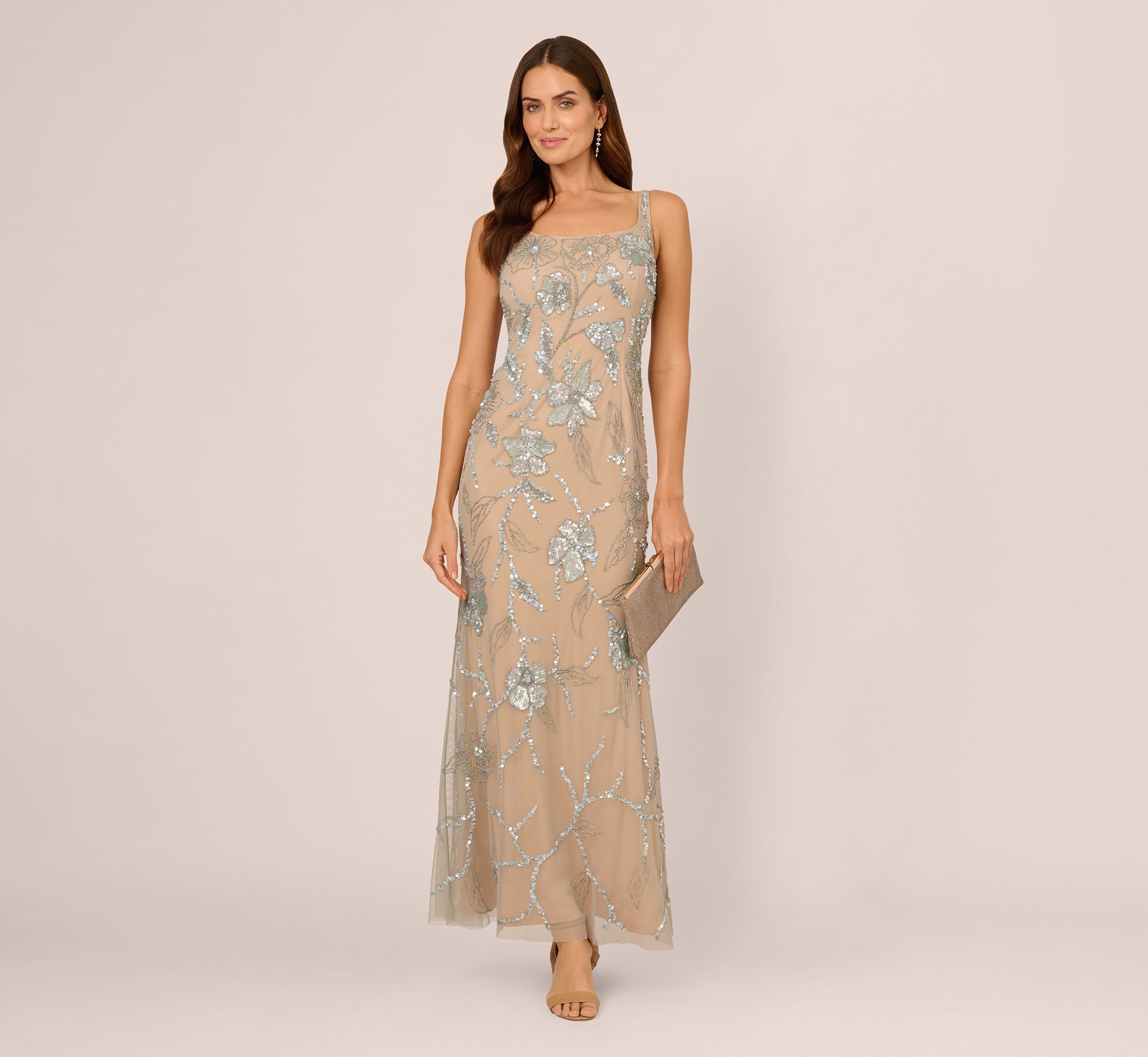 Sleeveless Square Neck Beaded Mermaid Gown In Frosted Sage Nude、mySite、solidvoid