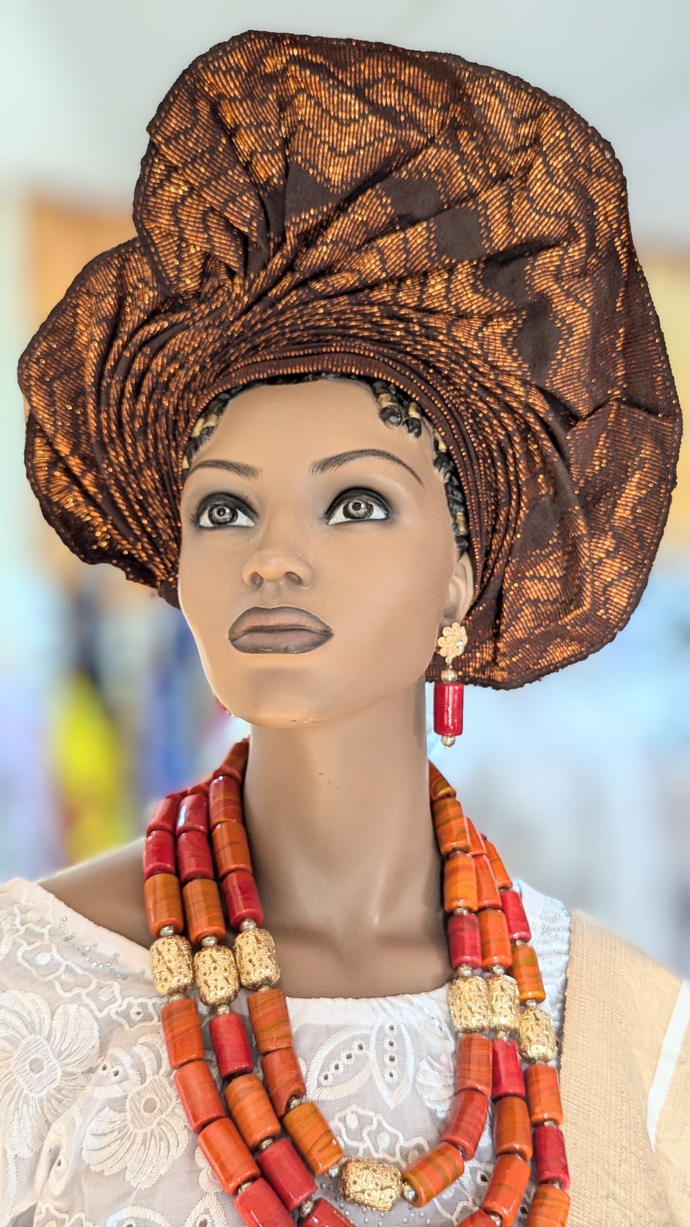 Dupsie's Zainabu Iridescent Brown Aso Oke Ready Gele Autogele Pre-tied Head Wraps Hat DPAGIRBA3、mySite、solidvoid