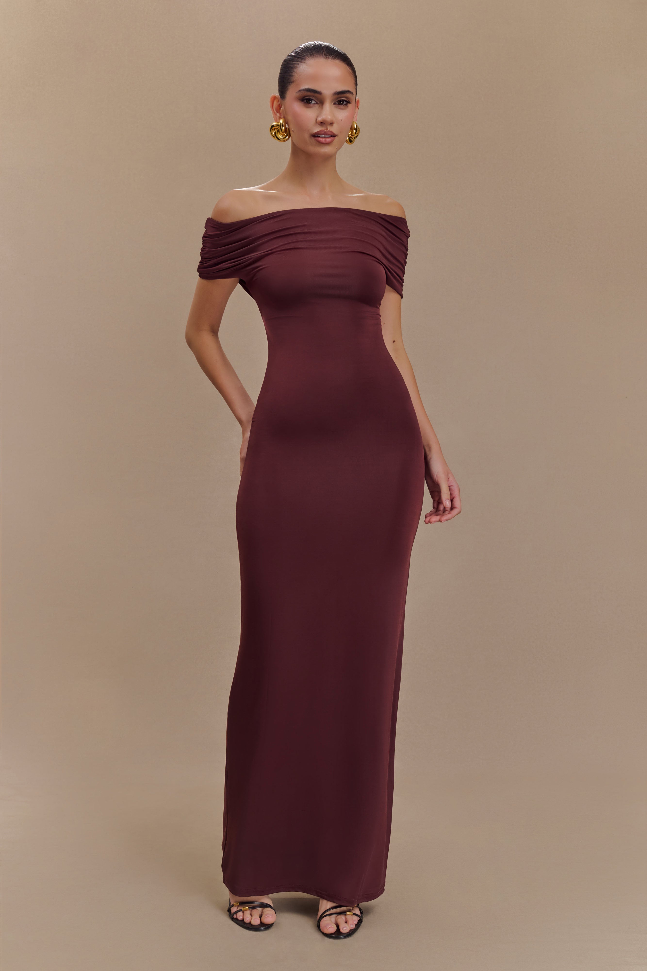 Imogen Off Shoulder Slinky Maxi Dress - Mahogany、mySite、solidvoid