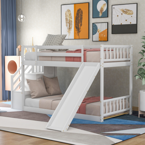 Twin over Twin Bunk Bed with Convertible Slide and Stairway, Gray、、casual