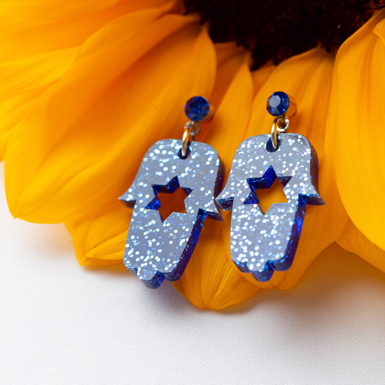 Blue Ice Bat Mitzvah Mini Hamsa Dangle Earrings、mySite、topwebapps