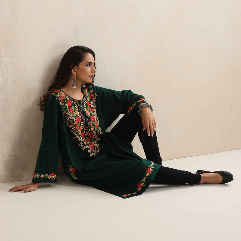 Woolen Kurta For Women | Floral Embroidered | Green、mySite、camillekostekn