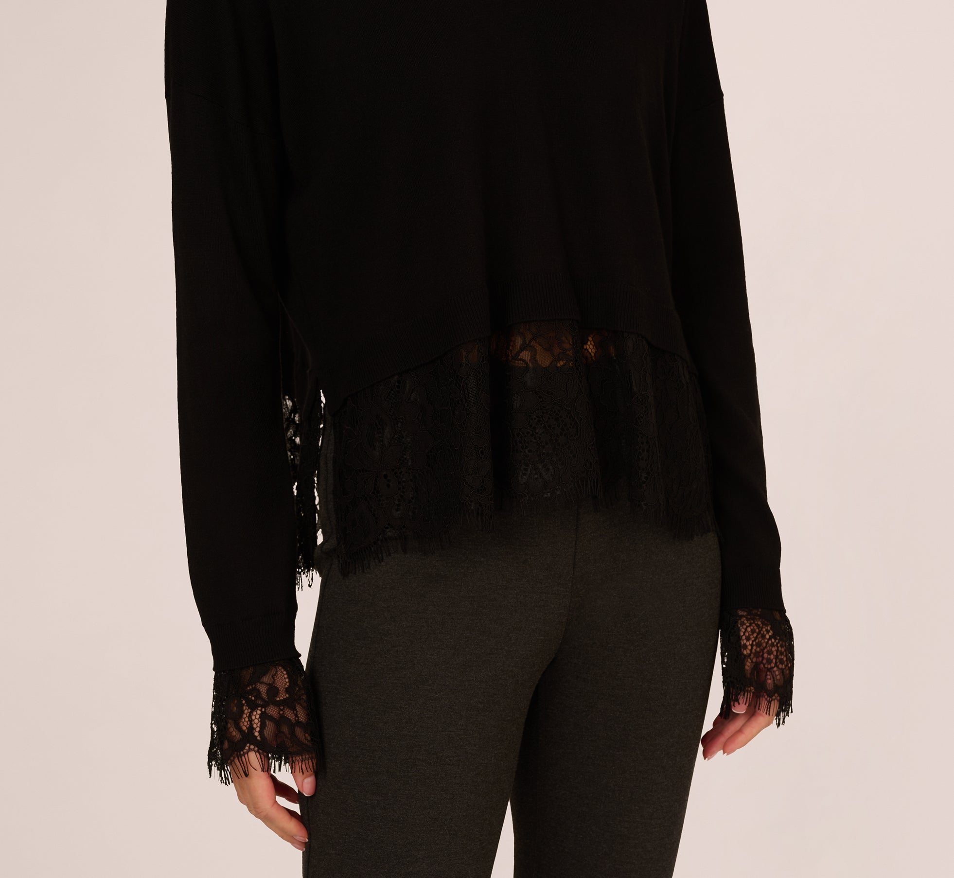 V Neck Lace Trim Twofer Sweater In Black、mySite、solidvoid