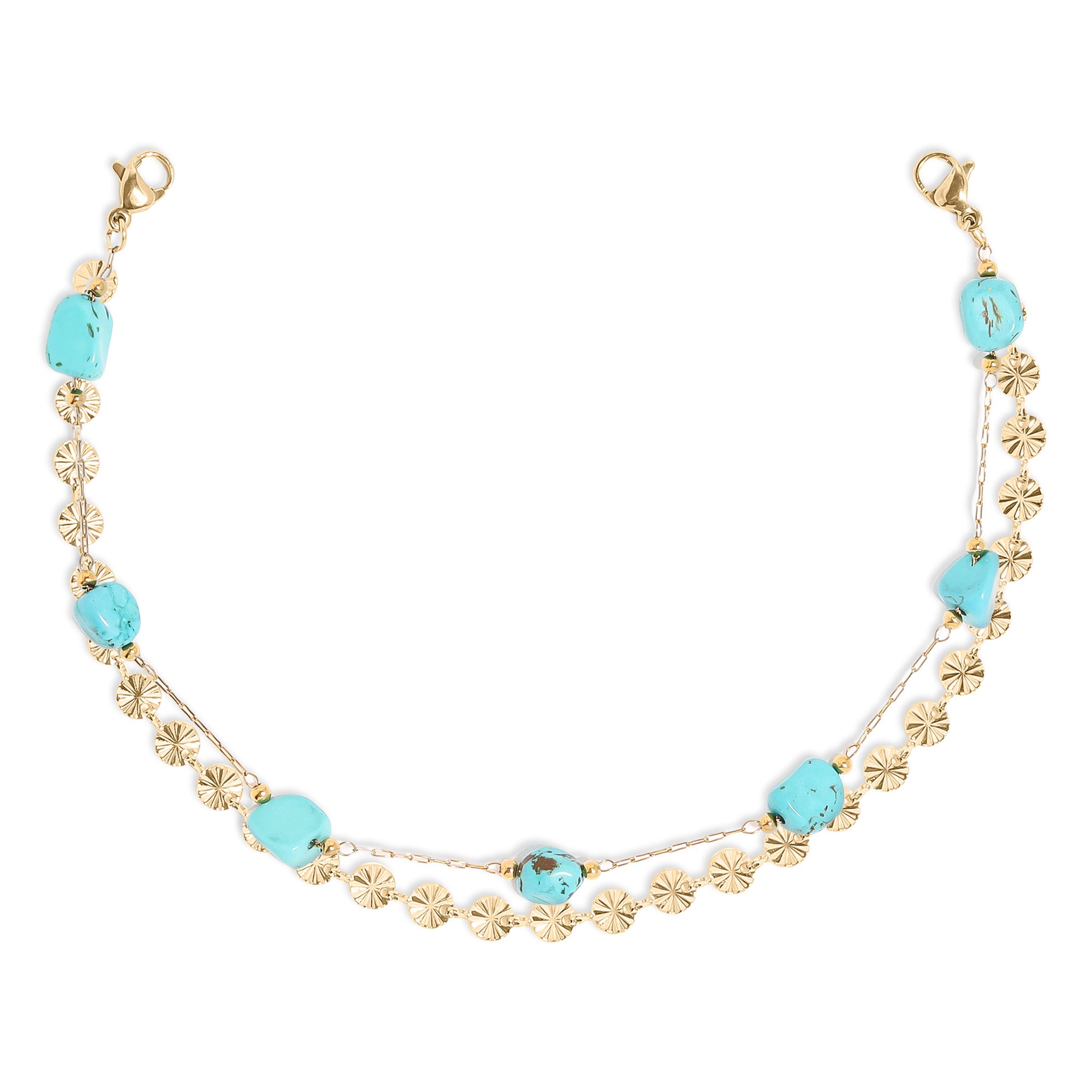 18K Gold PVD Stainless Steel Crimped Oval & Turquoise Stone Layered Trucker Hat Chain / CHN0038、mySite、dreamappss