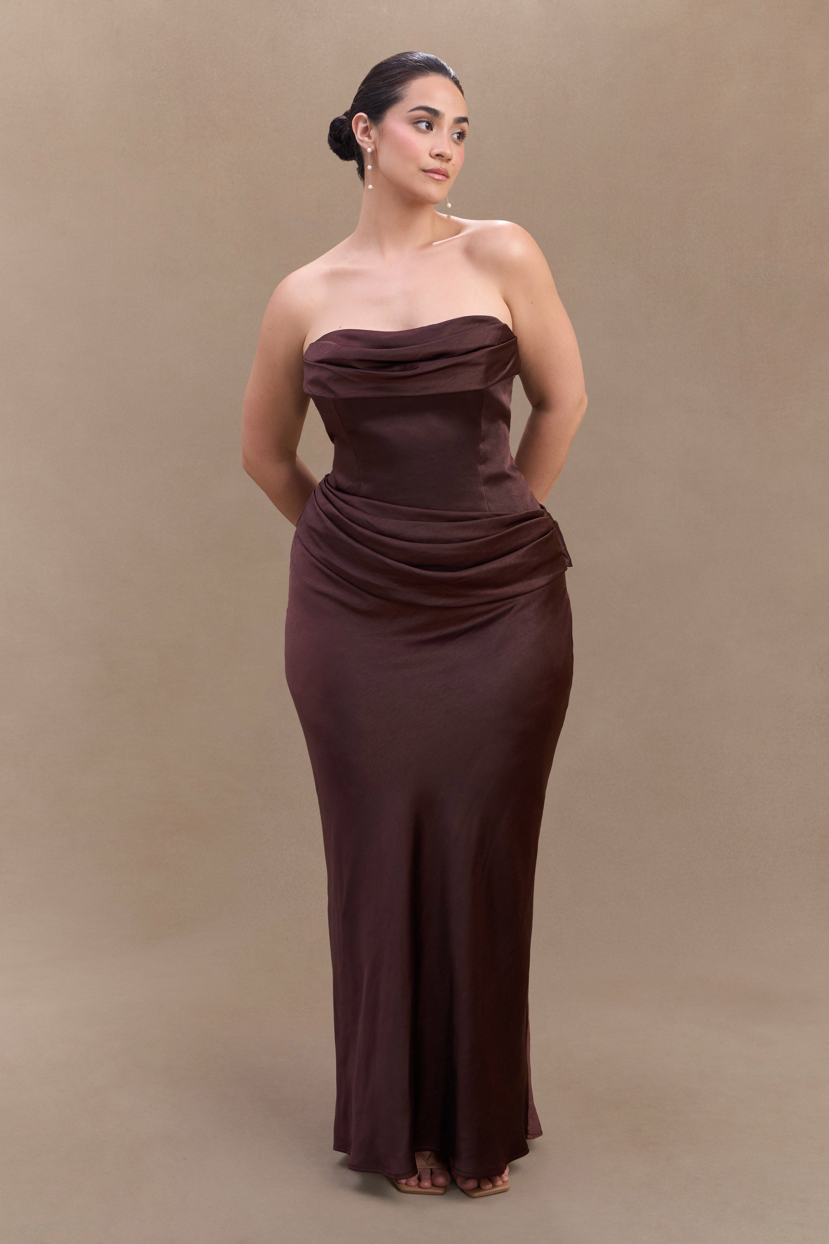 Jasmine Strapless Satin Maxi Dress - Dark Chocolate、mySite、solidvoid