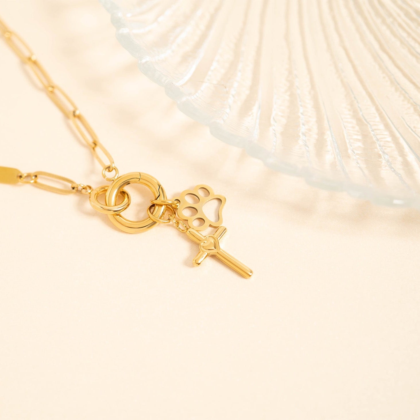 18K Gold PVD Stainless Steel Cross with Heart Charm / PDL0058、mySite、dreamappss