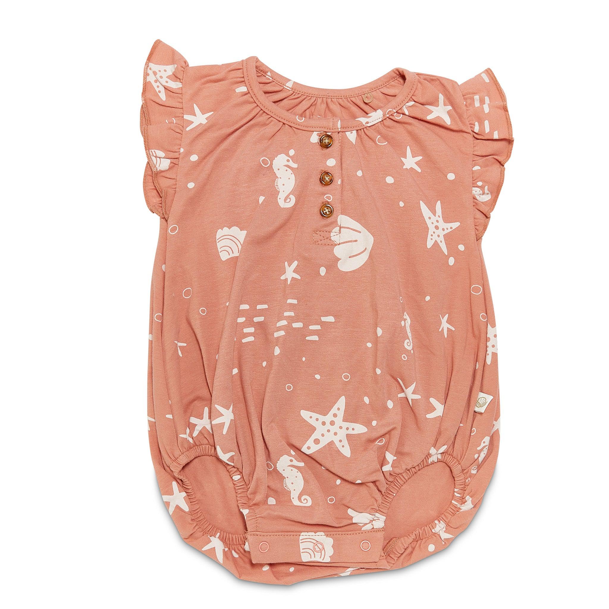 RETIRED - Organic Flutter Sleeve Button Bunsuit - Coral Rose、mySite、g9winljtr