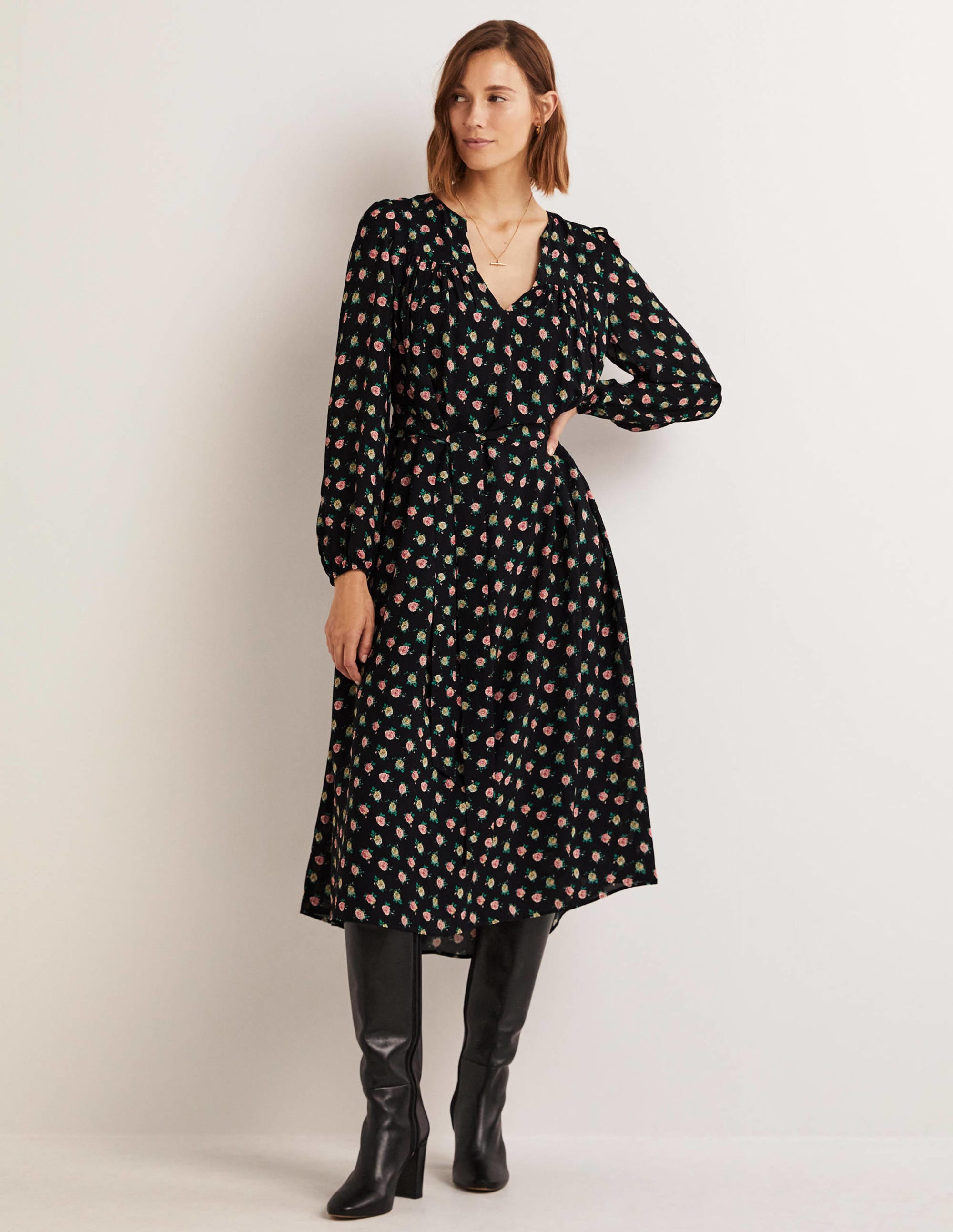  Gathered Yoke Midi Dress-Black, Painterly Rose、mySite、ashleygrahame