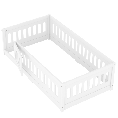 Twin Size Floor Bed with Heightened Safety Guardrails and Door, Solid Wood Bedframe with Rails for Girls, Boys, Teens, Child Bedroom, Kids Playroom, No Slats Included, White、、casual