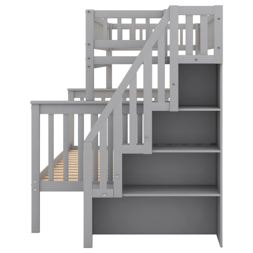 Twin over Full Stairway Bunk Bed with Storage, Gray、、casual