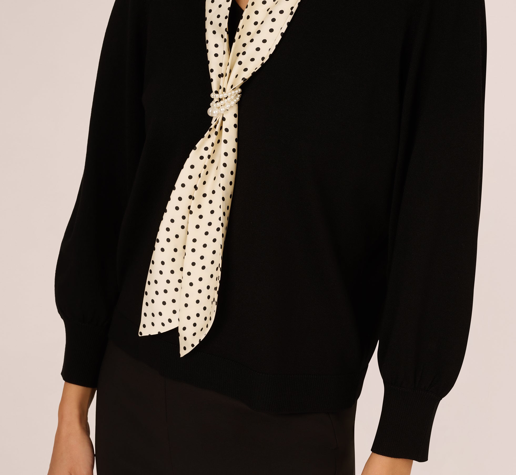 Three Quarter Sleeve Combo Scarf Sweater In Black Champagne Blush、mySite、solidvoid