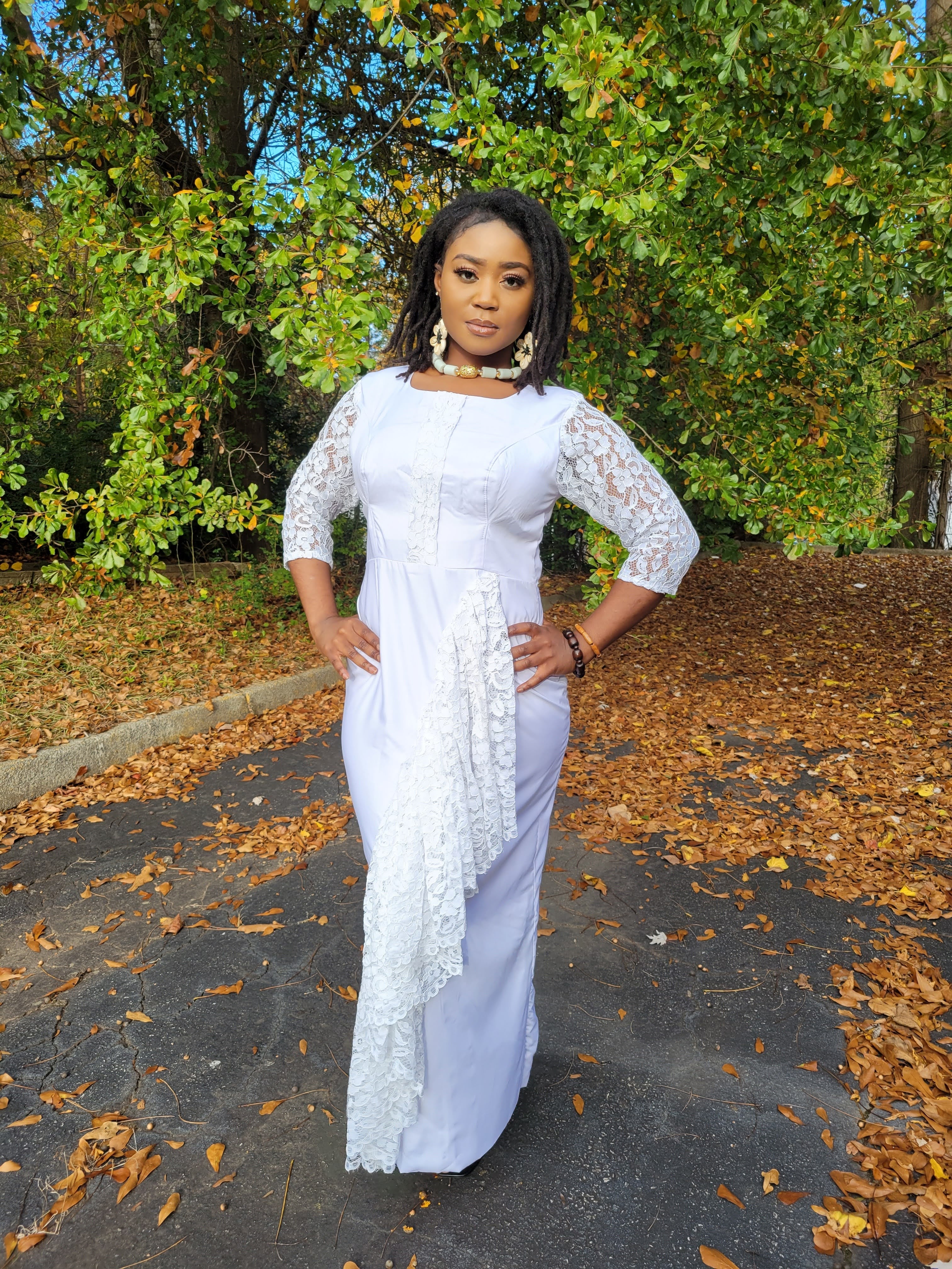 Ayabawa All White African Dress with Lace Trim - DP7020、mySite、solidvoid